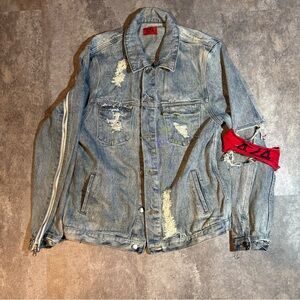 424 On Fairfax OG 2015 distressed denim jacket with a red armband XL
